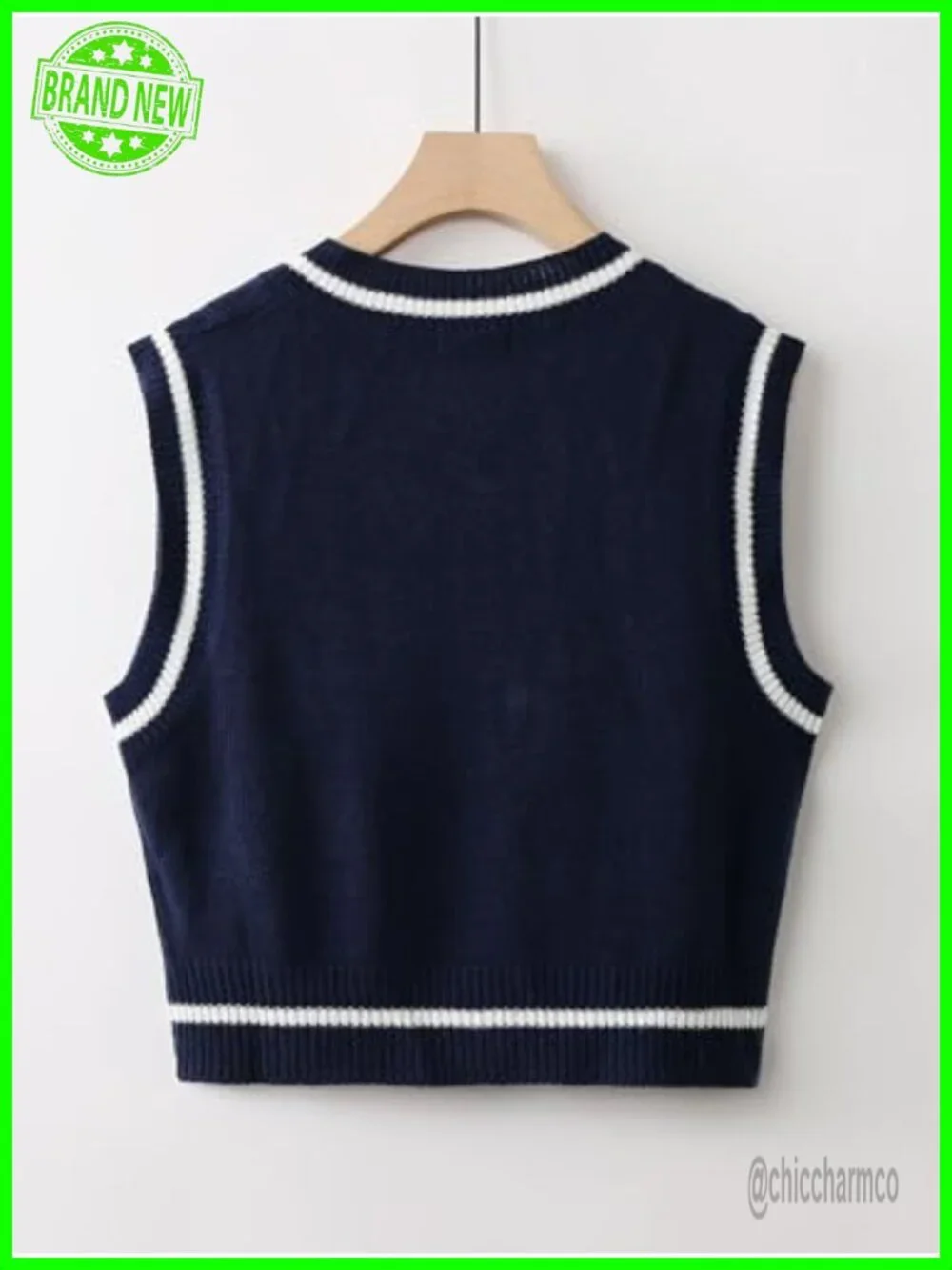 Sleeveless V-Neck Striped Trim Knit Sweater Vest Top